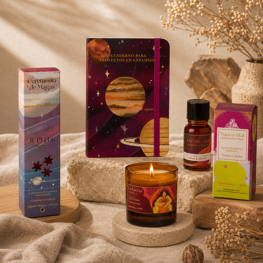 Ritual Manifestación Fuego | Cuaderno + Aceite + Sahumerio + Vela | Aquí & Ahora
