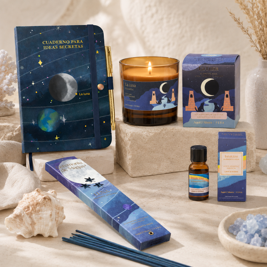 Ritual Intuición Agua | Cuaderno + Aceite + Sahumerio + Vela | Aquí & Ahora