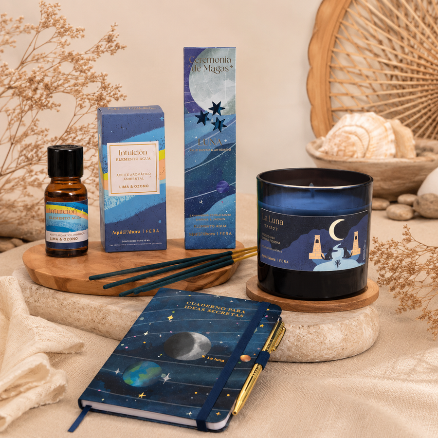 Ritual Intuición Agua | Cuaderno + Aceite + Sahumerio + Vela | Aquí & Ahora