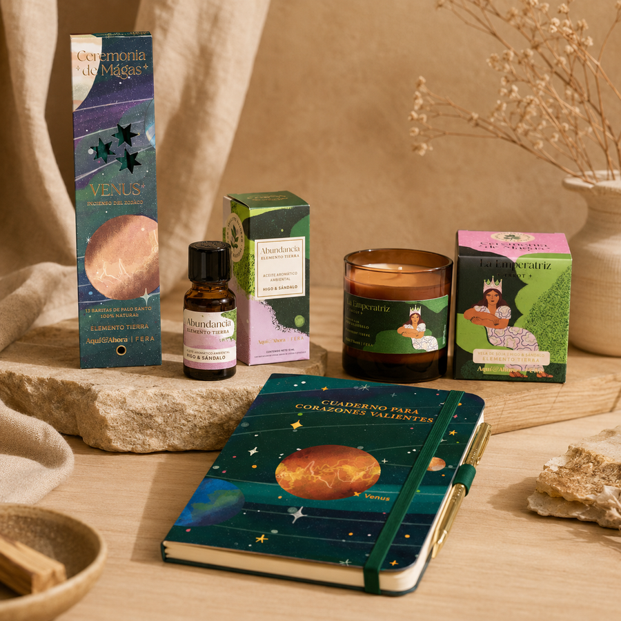 Ritual Abundancia Tierra | Cuaderno + Aceite + Sahumerio + Vela | Aquí & Ahora